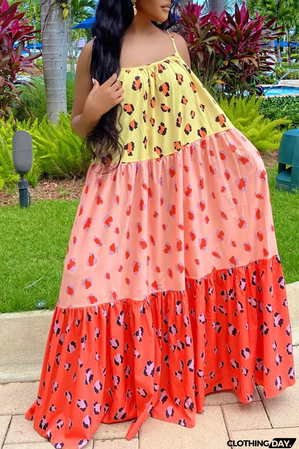 Pink Casual Sweet Print Split Joint Spaghetti Strap A Line Dresses