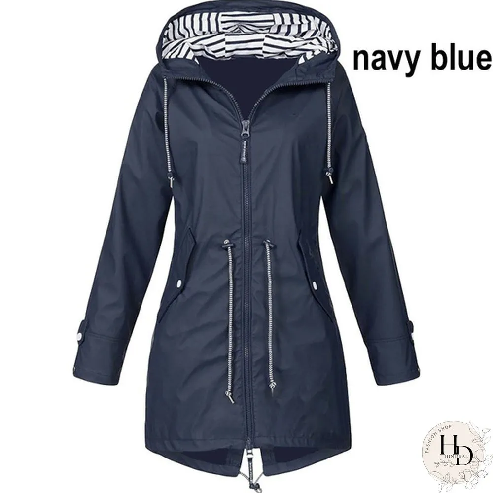 Women Waterproof Zipper Rain Jacket Solid Color Ladies Outdoor Mountaineering Lightweight Raincoats Plus Size S-5XL