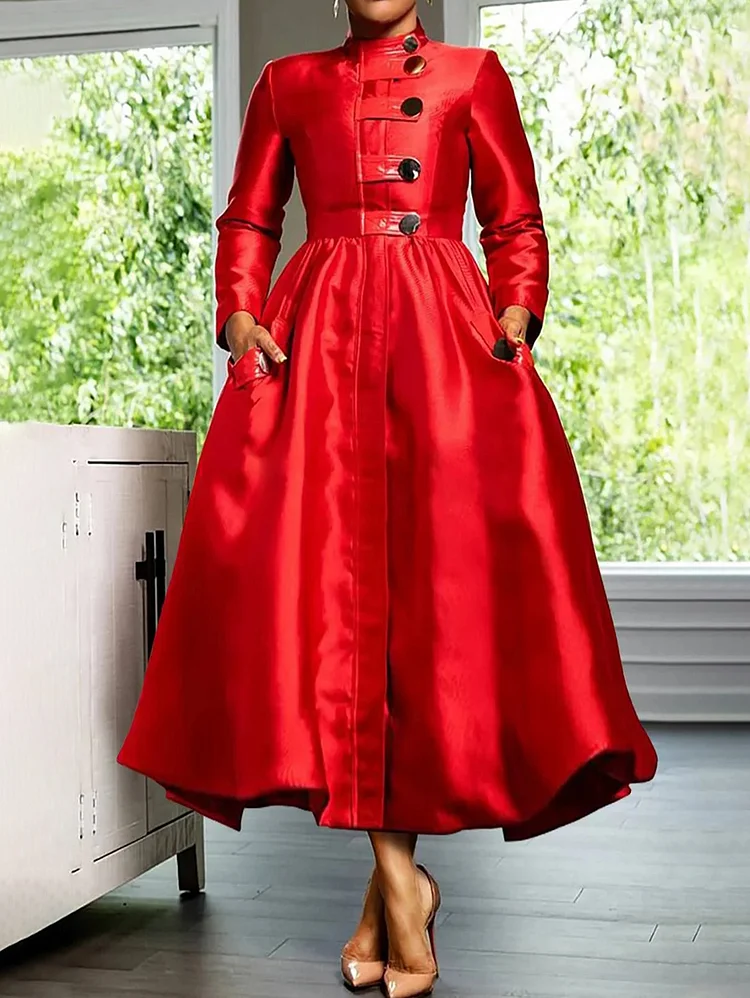Elegant Mock Neck Buckle Pocket Shirred Waist Midi Dress