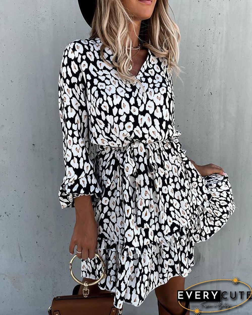 Print Ruffles V-neck Mini Dress P14175