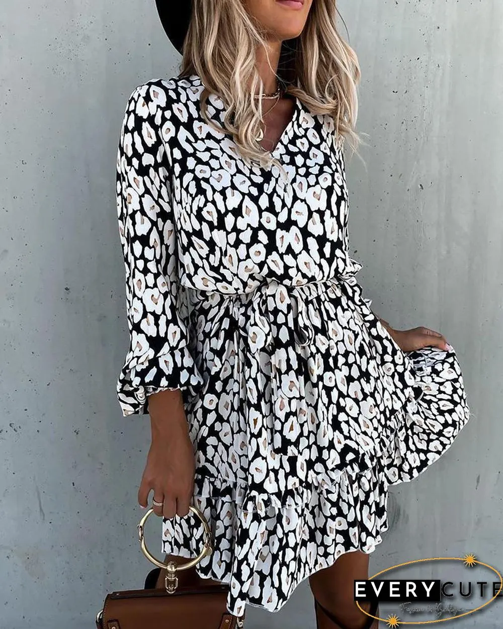 Print Ruffles V-neck Mini Dress P14175