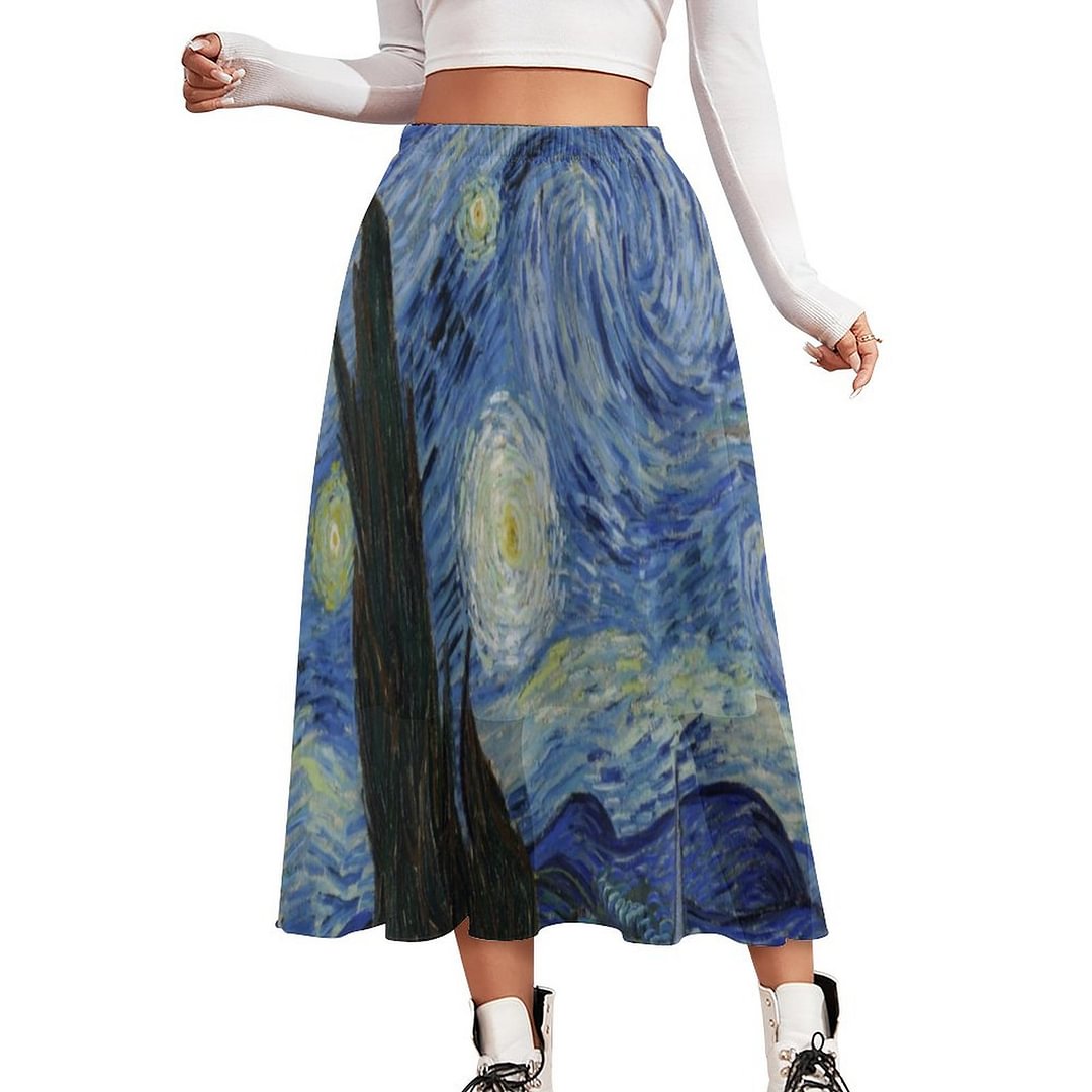 Van Gogh Starry Night Women Double-Layered Long Beach Skirt Loose Elastic Waistband Chiffon Maxi Skirts
