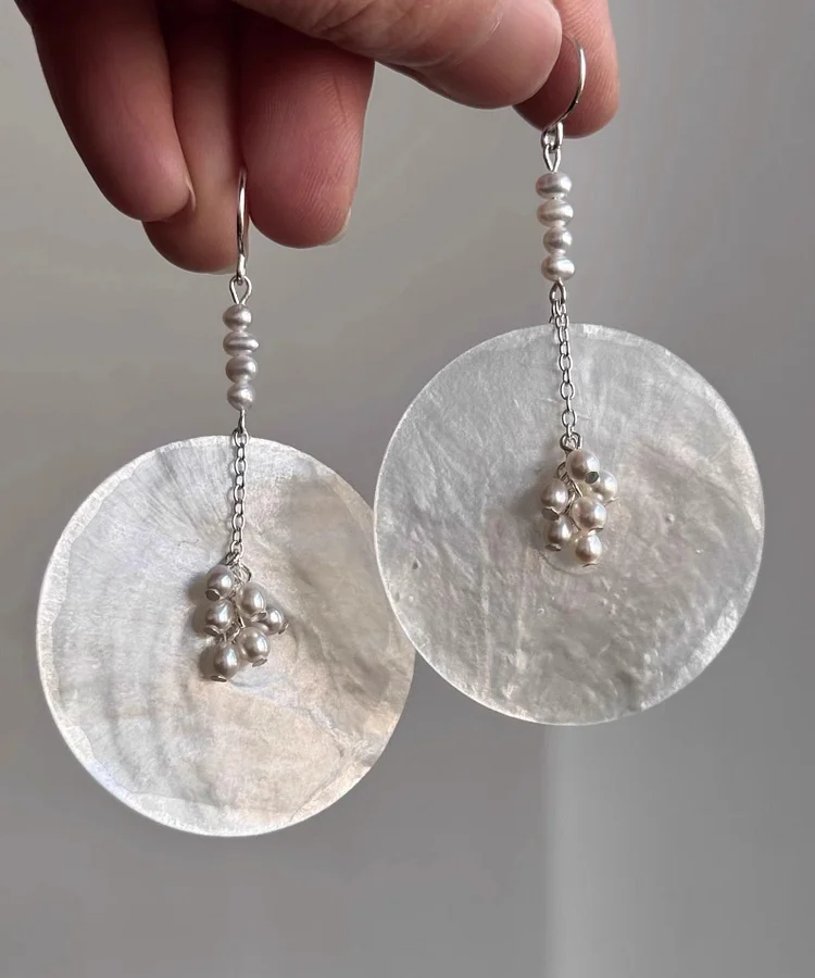 DIY Silk Copper Pearl Shell Discs Drop Earrings