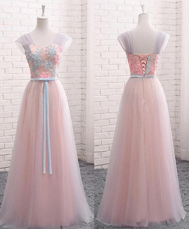 Pink A Line Sweet Neck Lace Tulle Long Prom Dress, Evening Dress