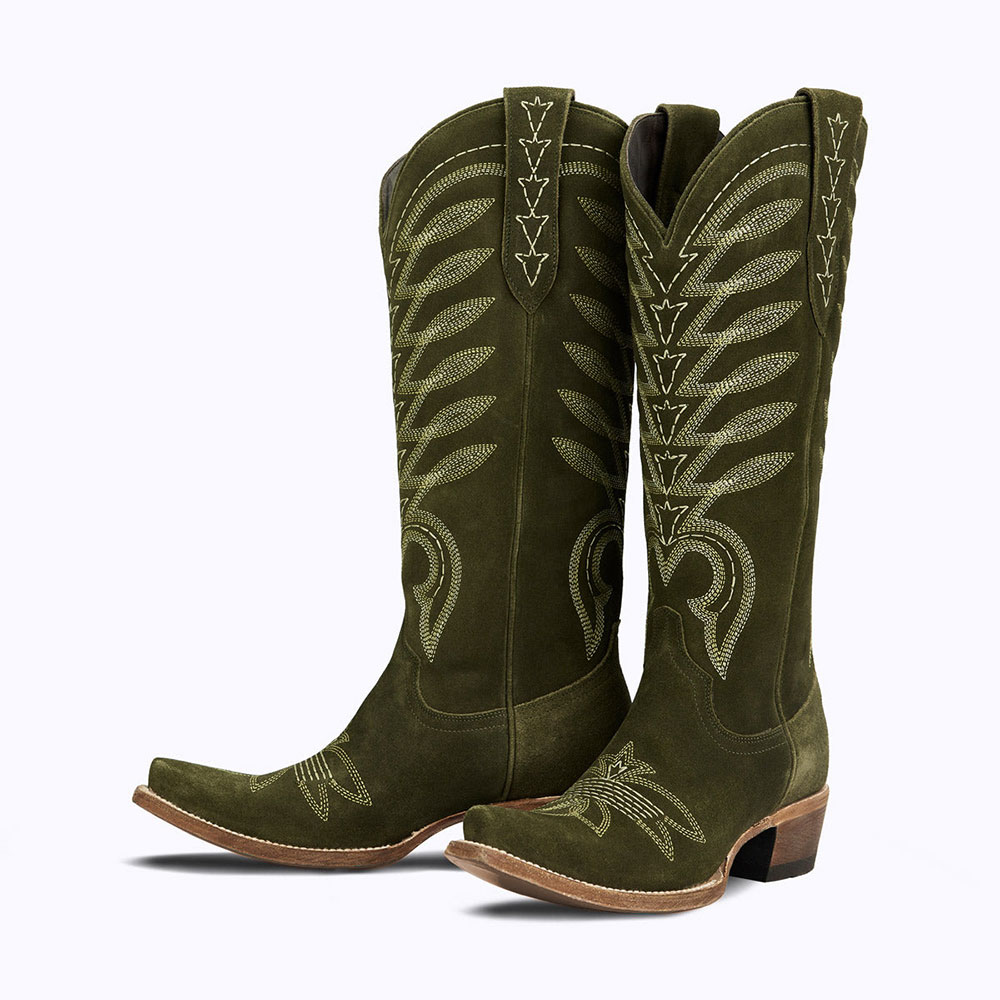 Olive Embroidered Snip Toe Chunky Heel Knee-High Cowgirl Boots Nicepairs