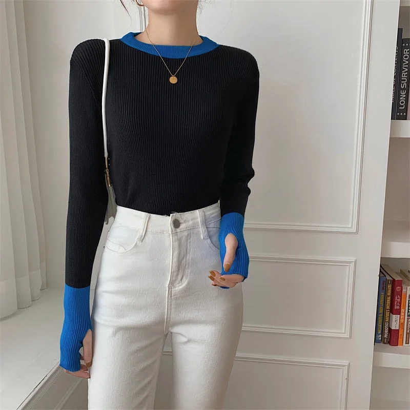 Contrasting color knitted bottoming shirt women 2021 spring and autumn new fashion design sense suit finger core-spun yarn top