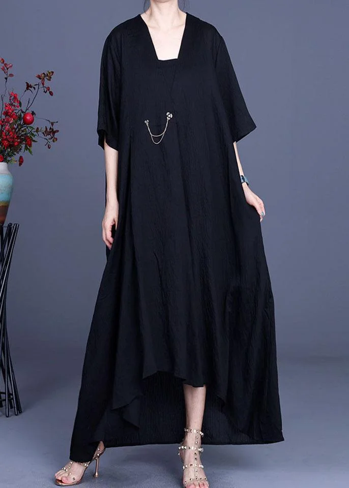 French Black V Neck asymmetrical design Dresses Summer