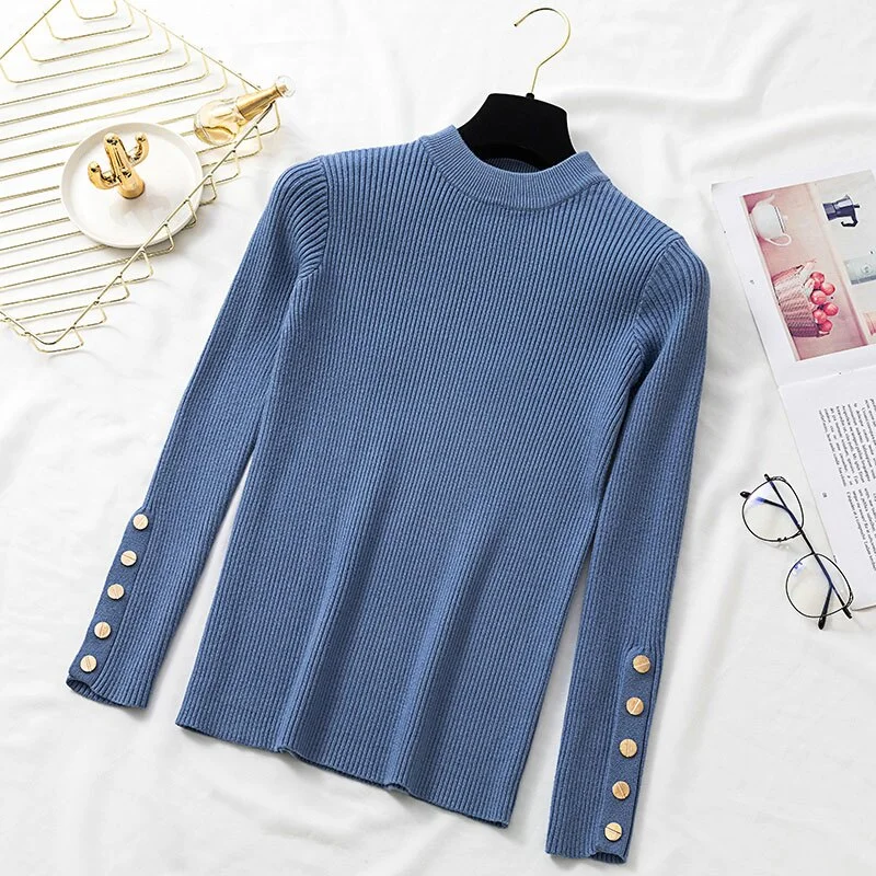 Women Pullover Sweater 2020 Winter Clothes Women Ribbed O-Neck Buttoned Long Sleeve Solid Casual Slim Knit Top Ladies Sweaters