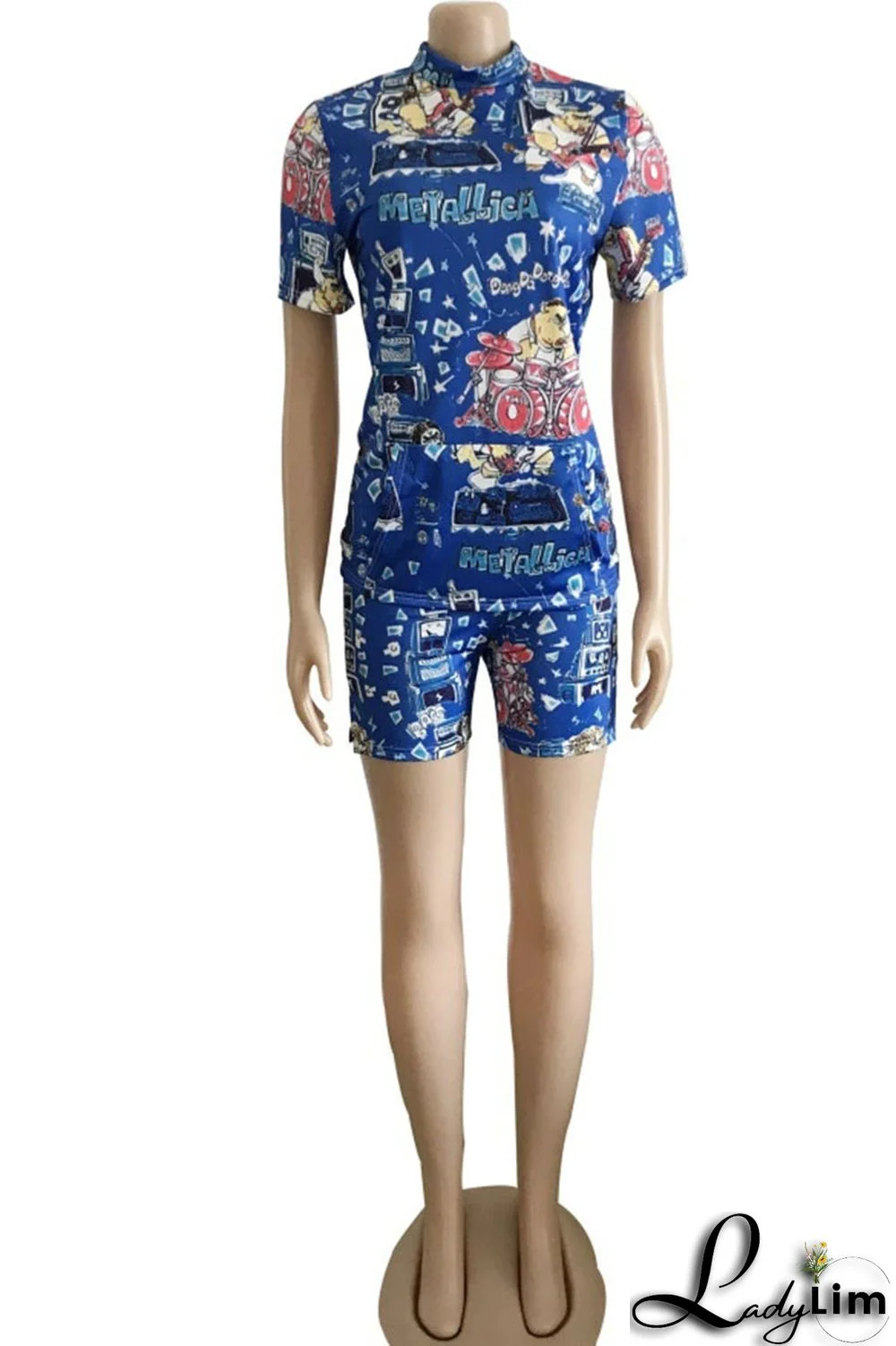 Green Street Print Patchwork O Neck Short Sleeve Two Pieces