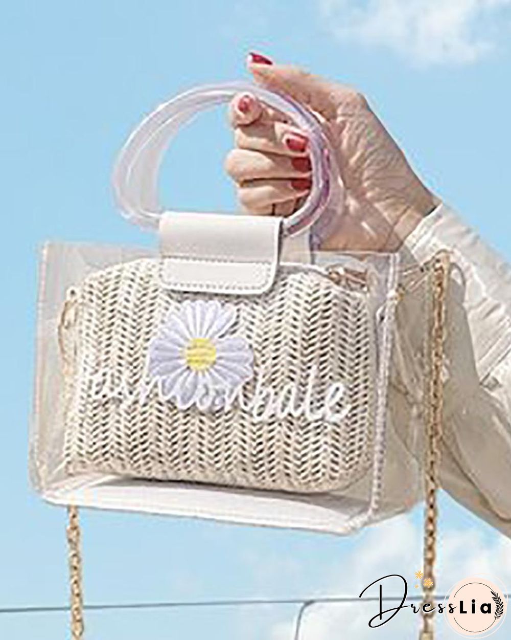 Clear Letter Print Floral Pattern Satchel Bag