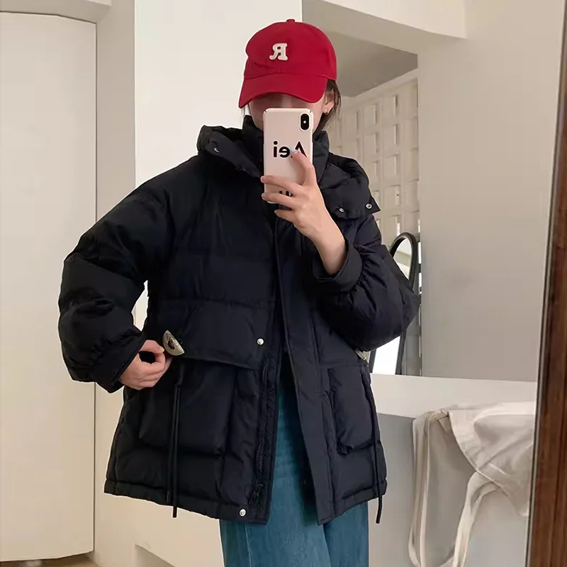 Woherb Sweet Crescent Buckle Down Jacket Women's Short Style 2024 Winter Fashion Thick Warm Hat Small White Duck Down Coat-Outfit Ideas