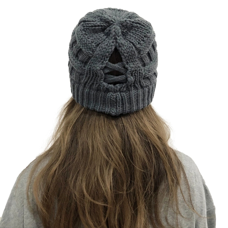 Wish New Bamboo Cross Ponytail Knitted Hat Back Opening Women’s Wool Warm Hat