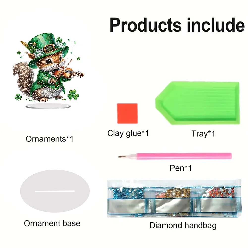 DIY Acrylic St. Patricks Day Squirrel Special Shape Diamond Painting Tabletop Ornament Creative Home Decor & Gift Idea for Adults - Relaxing Craft Activity