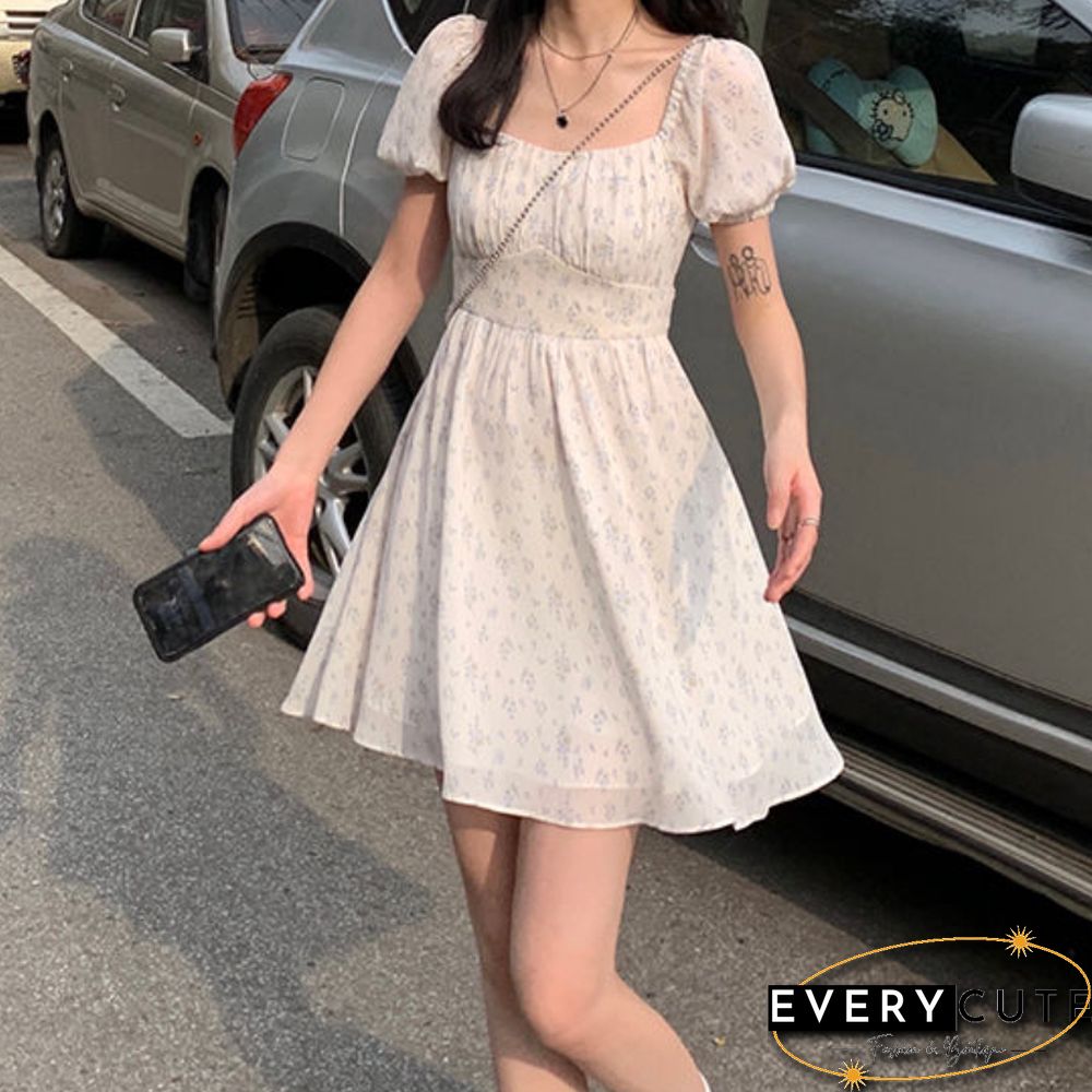 Dresses Women Puff Sleeve Holiday Sundress Hollow Out Floral Design Korean Style College Lovely Simple Trendy Summer Vestidoes