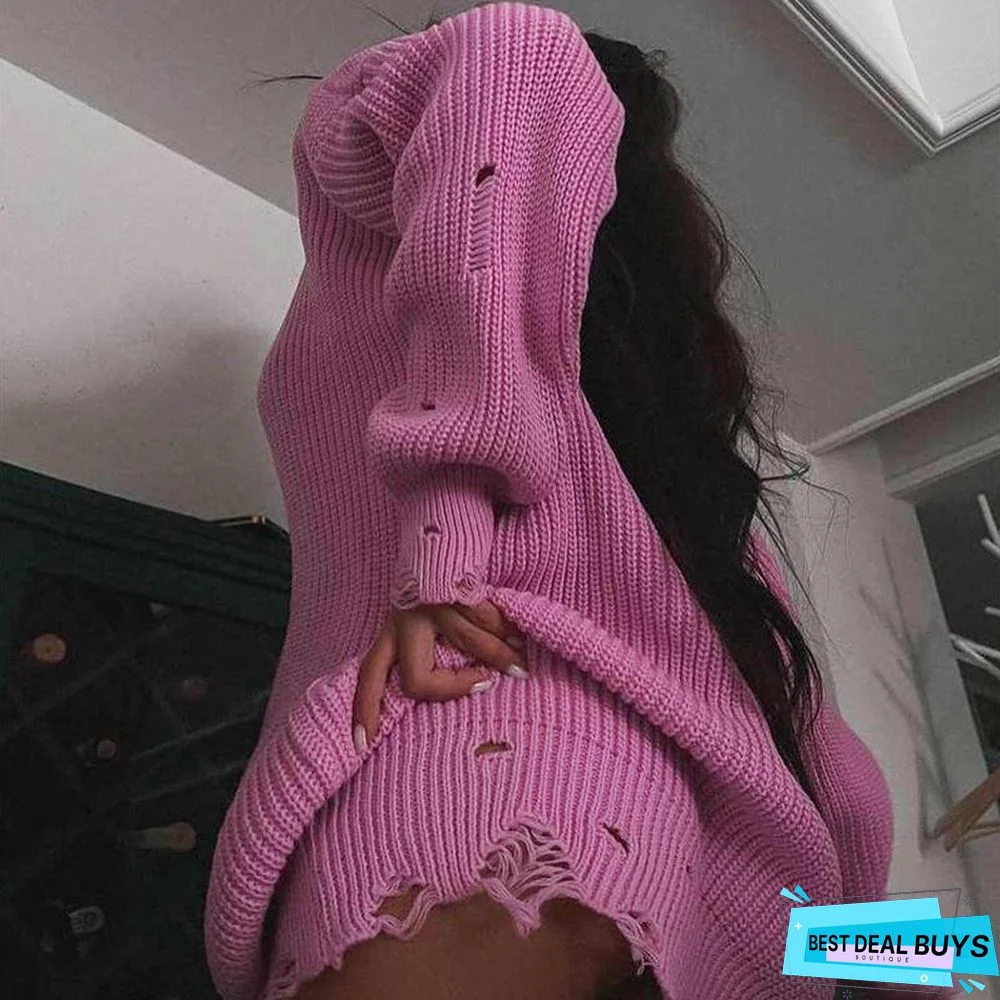 Loose Solid Color Hole Sweater Round Neck Pullover Long Sleeve Sweater