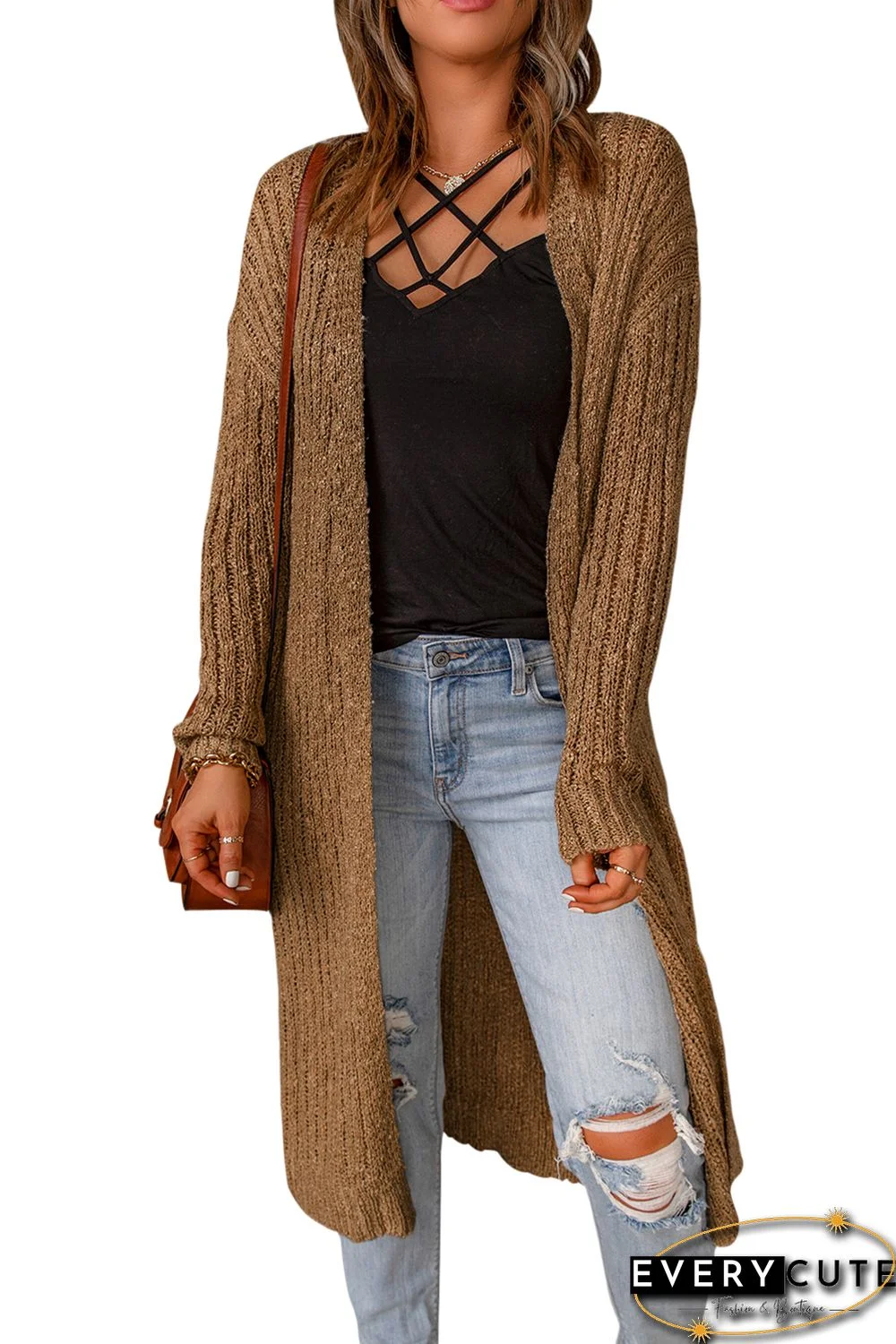 Brown Open Front Drop Shoulder Knitted Cardigan