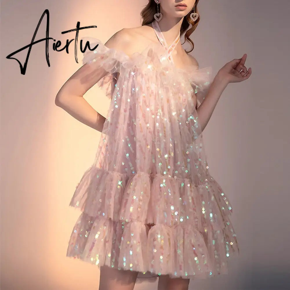 Aiertu Girls Sweet Pink Bling Bling Sequined Ruffles Ball Gown Dress Off Shoulder Halter Summer Beach Party Mesh Dress Aiertu