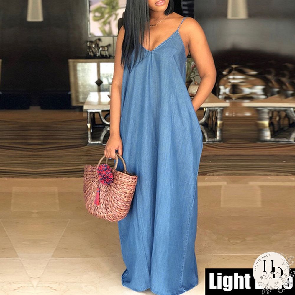 S-5XL Women Sexy Sleeveless Spaghetti Straps Denim Color Maxi Dress Summer Holiday Beach Sundress