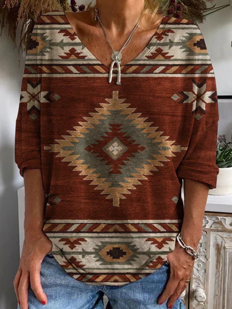 Women's Tribal Aztec Print T-Shirts Casual Long Sleeve T-Shirt