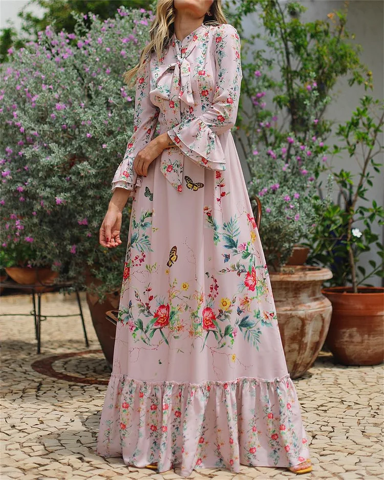 Women's Pink Trumpet Sleeve Flower Print Dress