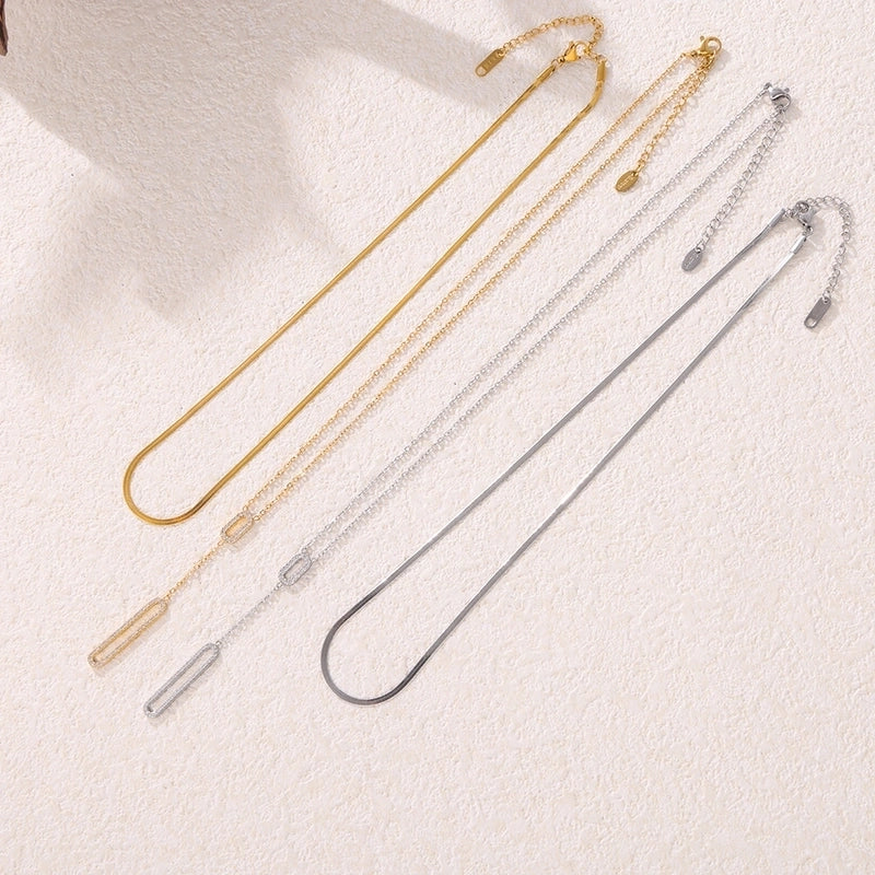 Elegant Luxurious Vacation Rectangle Titanium Steel 18K Gold Plated Rhinestone Necklace