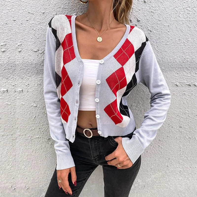 V-Neck Plaid Short Coat Slim Knit Cardigan Women's Diamond Plaid Sweater