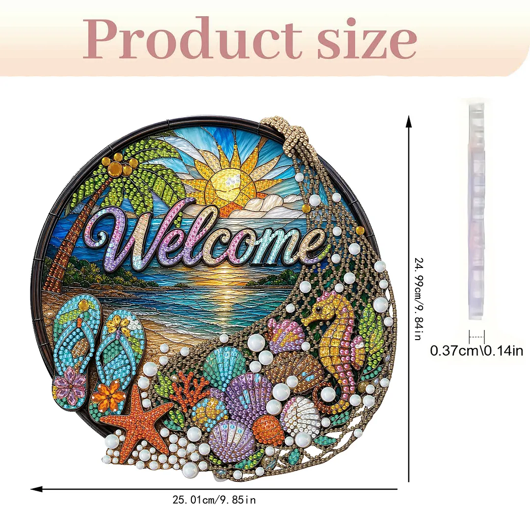 Beach Seahorse Welcome Sign 2D Flat DIY PET Diamond Painting Pendant Special Shape Hanging Gem Art Paintings Charm Single Side Drill for Adults Home Wall Window Decor