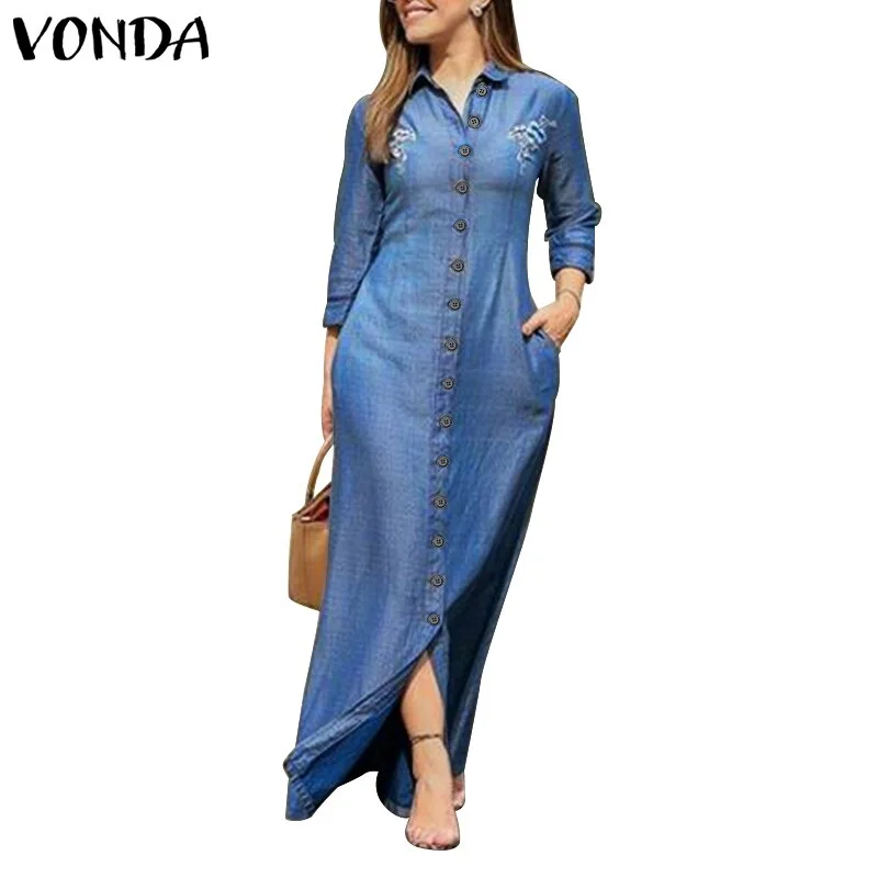 Women's Sundress 2022 VONDA Casual Button Up Turn-down Collar Maxi Dress Elegant Long Shirt Dresses Oversized Vestidos