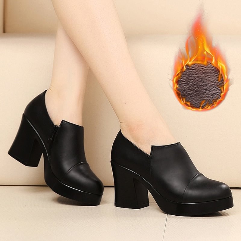 2021 women's spring and autumn shoes thick high heels fashion women genuine leather shoes first layer of cowhide platform pumps