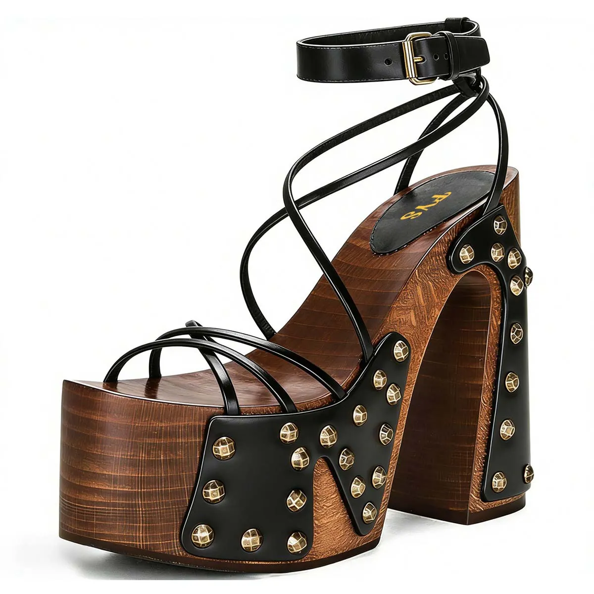 Open Toe Buckled Ankle Strap Studded High Heel Black Platform Sandals Nicepairs