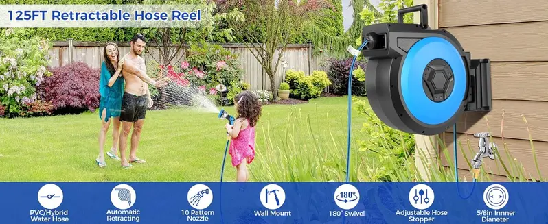 Product Introduction of Retractable Hose Reel. Garden Water Hose with 10-Function Sprayer Nozzle. Length Lock. Auto Rewind. 180° Rotate. (5/8" x 82 FT)/(1/2" x 125 FT). Yard Cleaning. Plant Watering. Car Washing and Lawncare 0