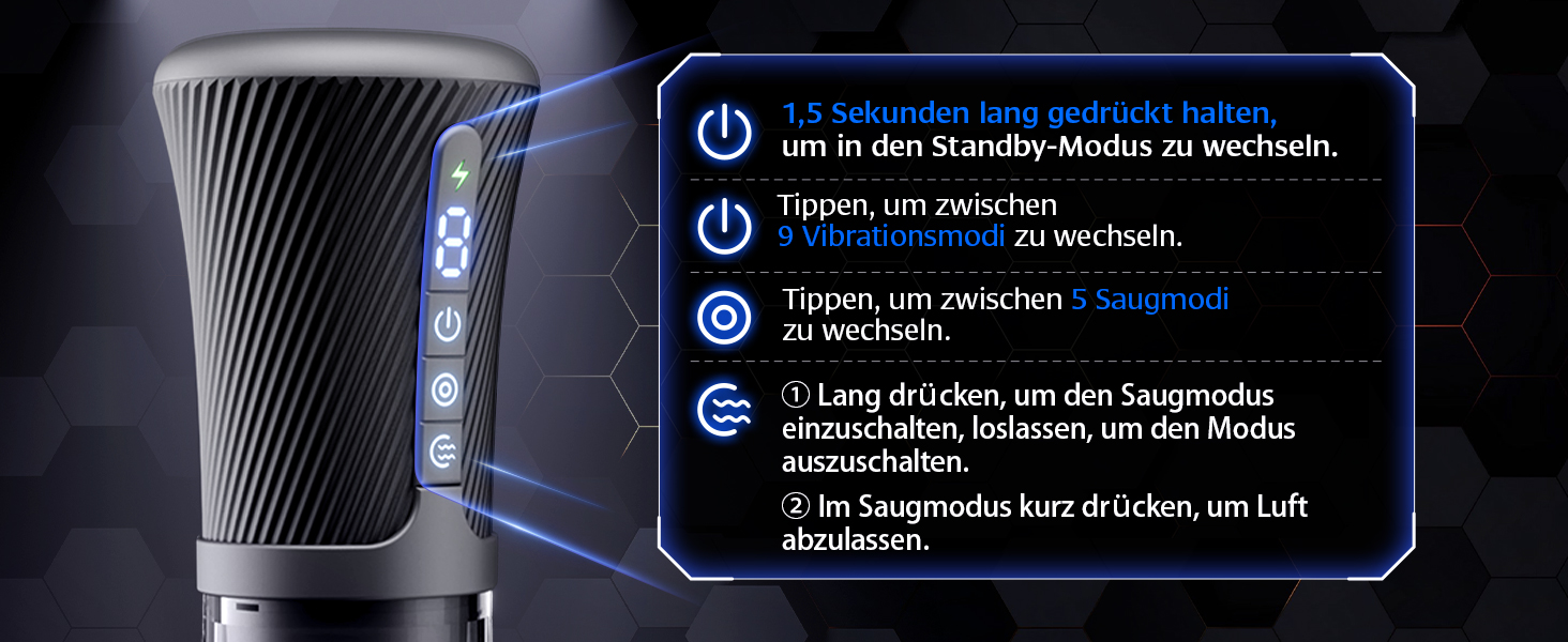 Black cylindrical device with a blue illuminated screen displaying UI text and menu options.