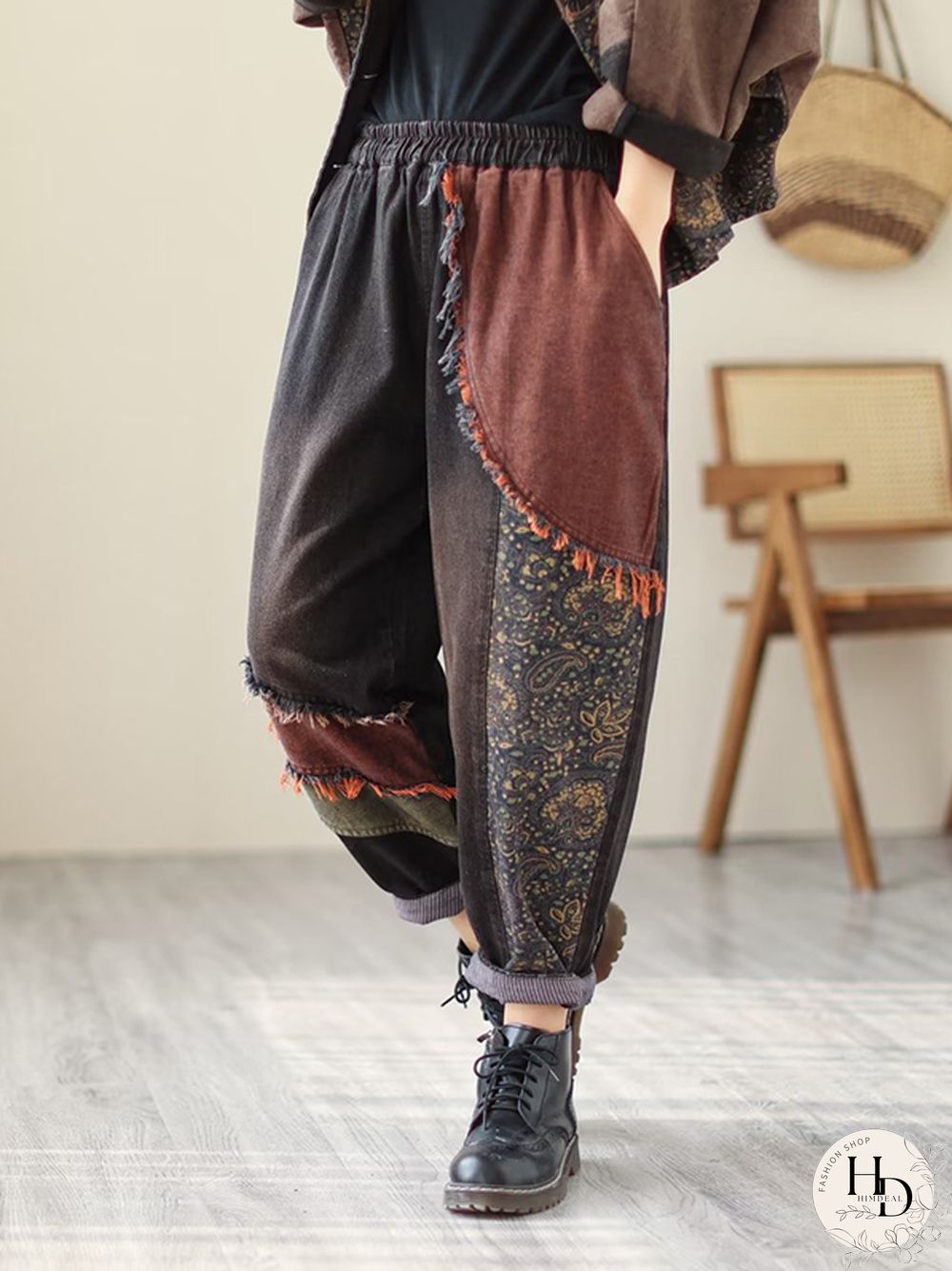 Contrast Color Fringed Split-Joint Long Sleeves Printed Outwear Harem Pants Two Pieces Set