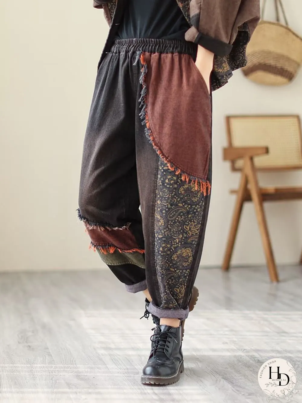 Contrast Color Fringed Split-Joint Long Sleeves Printed Outwear Harem Pants Two Pieces Set