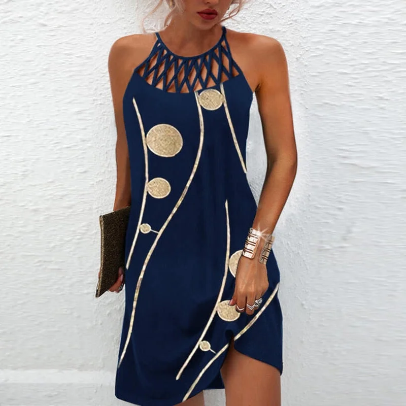 Sexy Mini Dress Women Fashion Printed Halter Hollow Out Sleeveless Dresses Elegant Boho Dress Female Beach Party Dress Vestidos