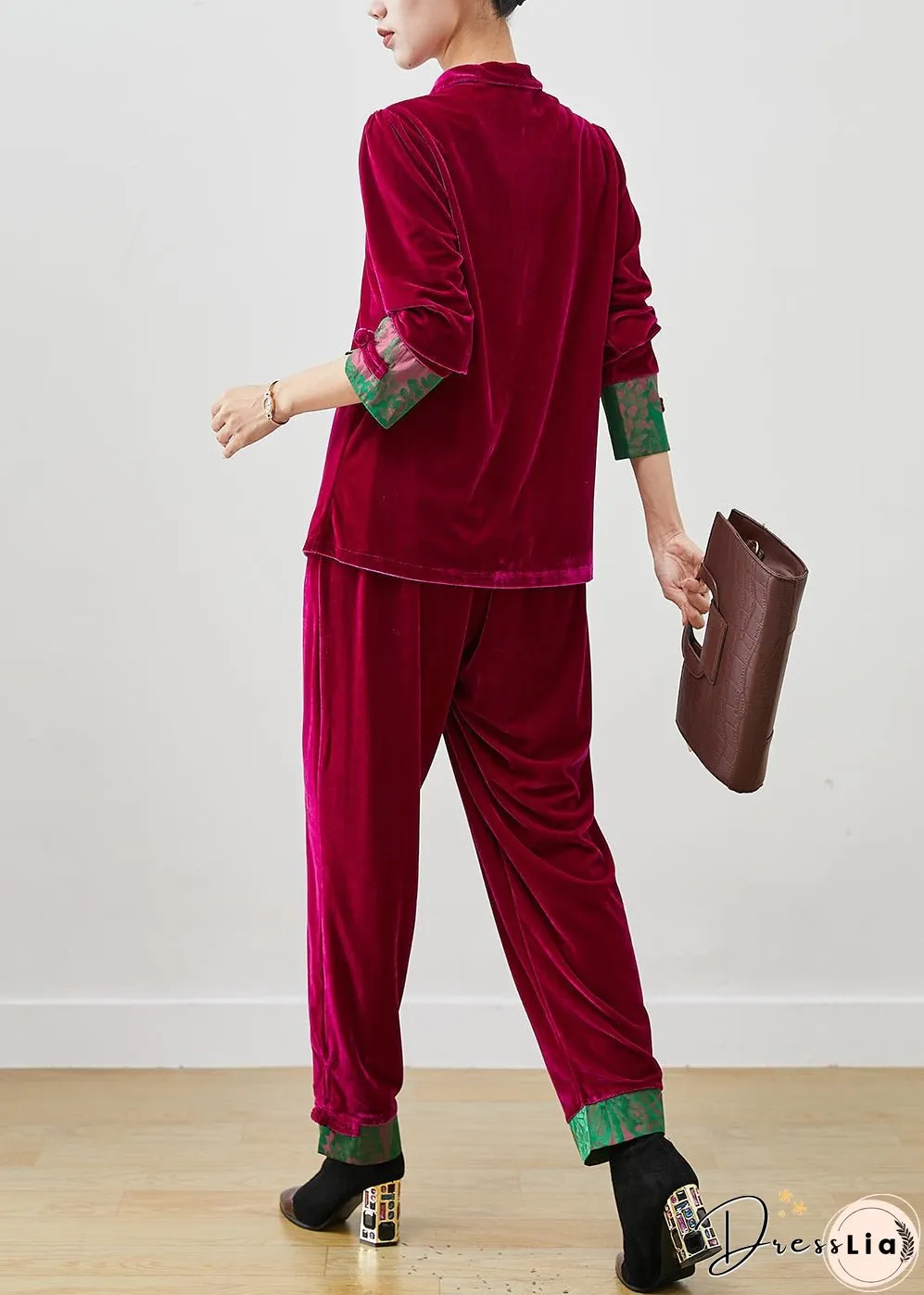Vintage Rose Tie Waist Patchwork Silk Velour Two Pieces Set Spring
