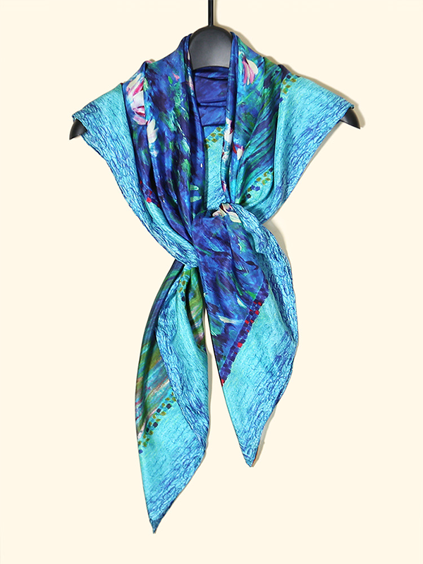 Blue Silk Scarf Water Lily Style