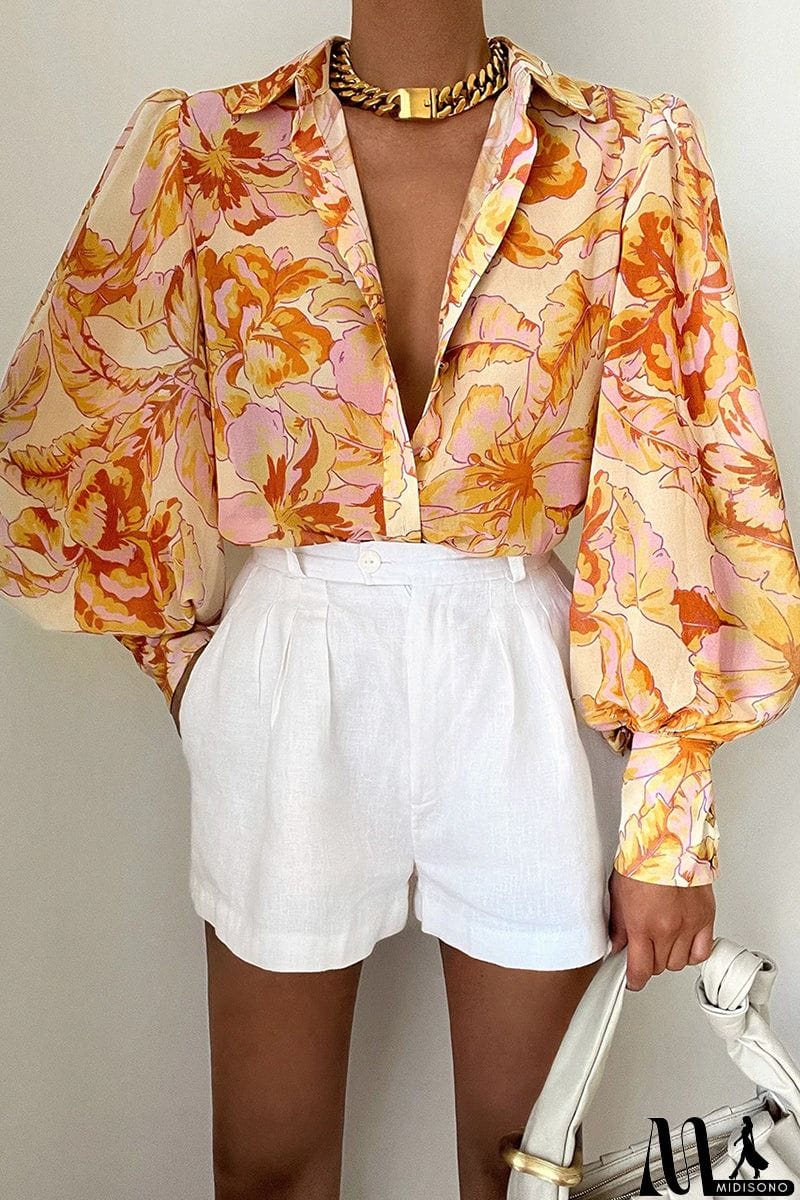 MidiSono - Elegant Floral Patchwork Turndown Collar Tops