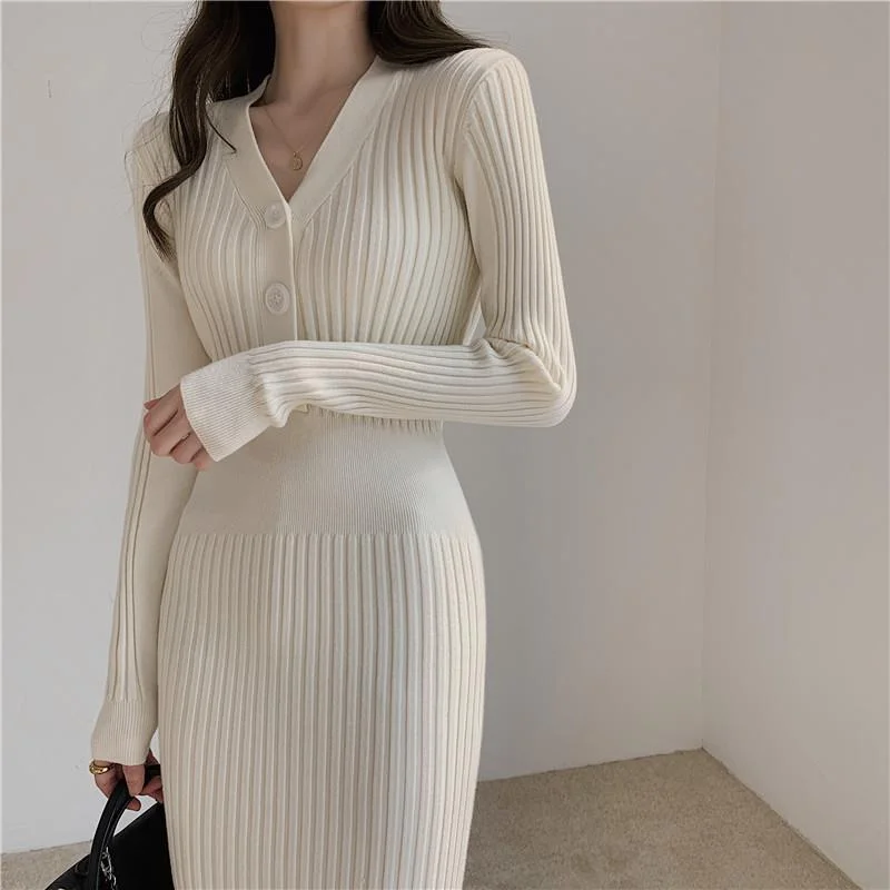 Slim Long Knit Dresses Covered Hip Sweater Mom and I Dress Over The Knee Winter Outer Waist Western Style Base Clothing