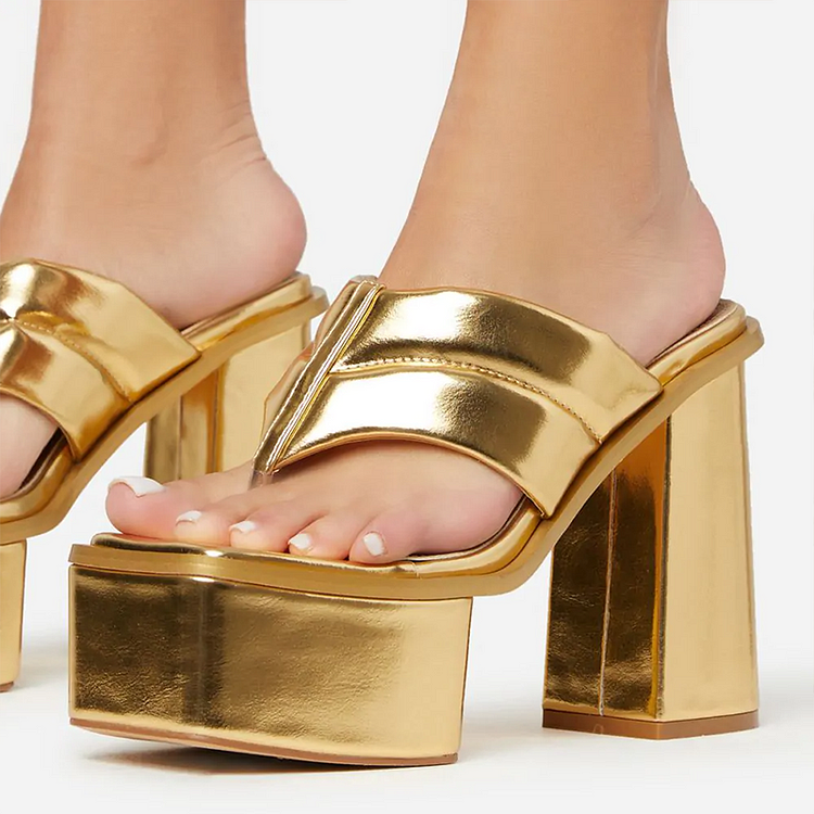 Gold Metallic Padded Strap Square Toe Platform 5 Inch High Heel Mules |FSJ Shoes