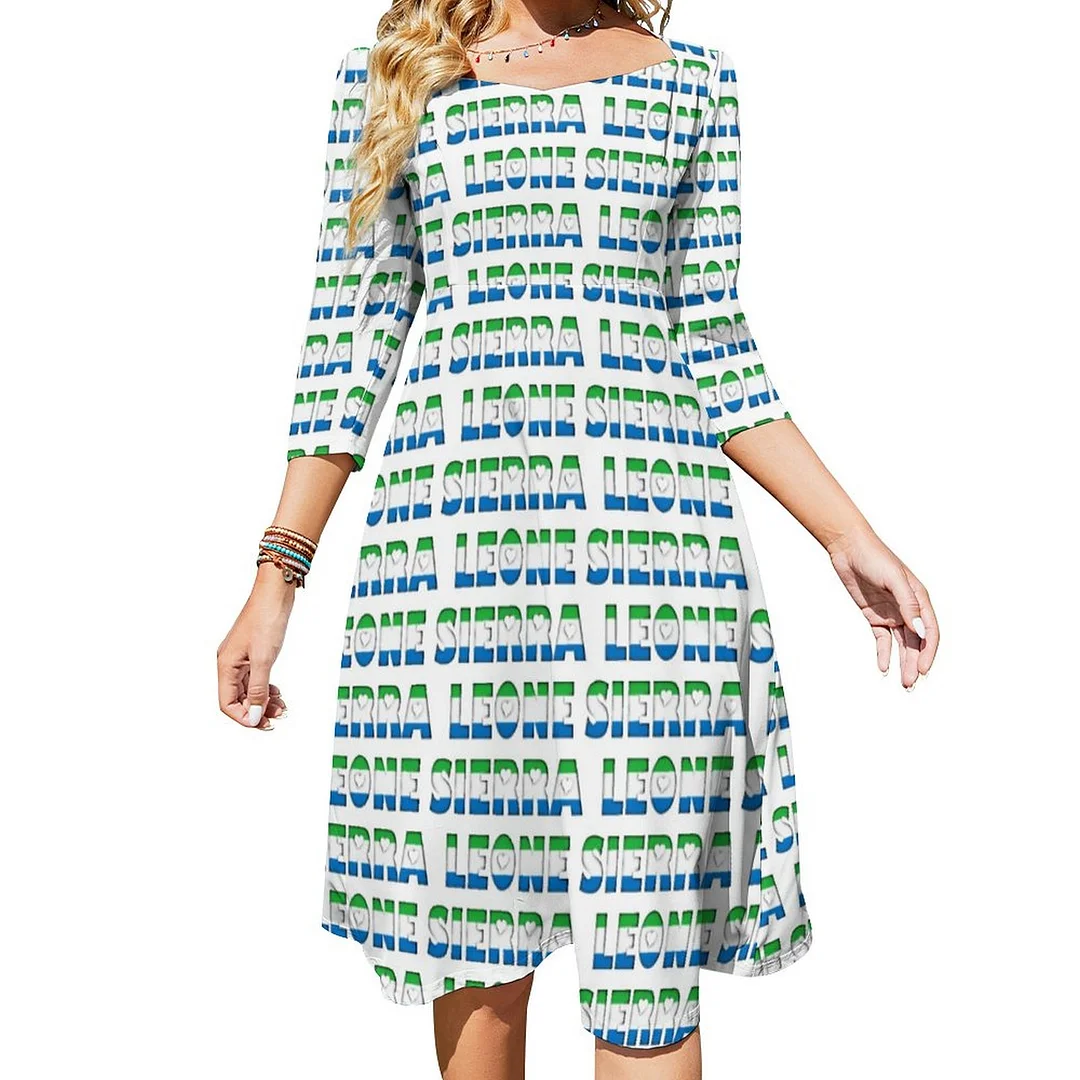 I Love Sierra Leone Flag Colors Typography Pattern Dress Sweetheart Tie Back Flared 3/4 Sleeve Midi Dresses