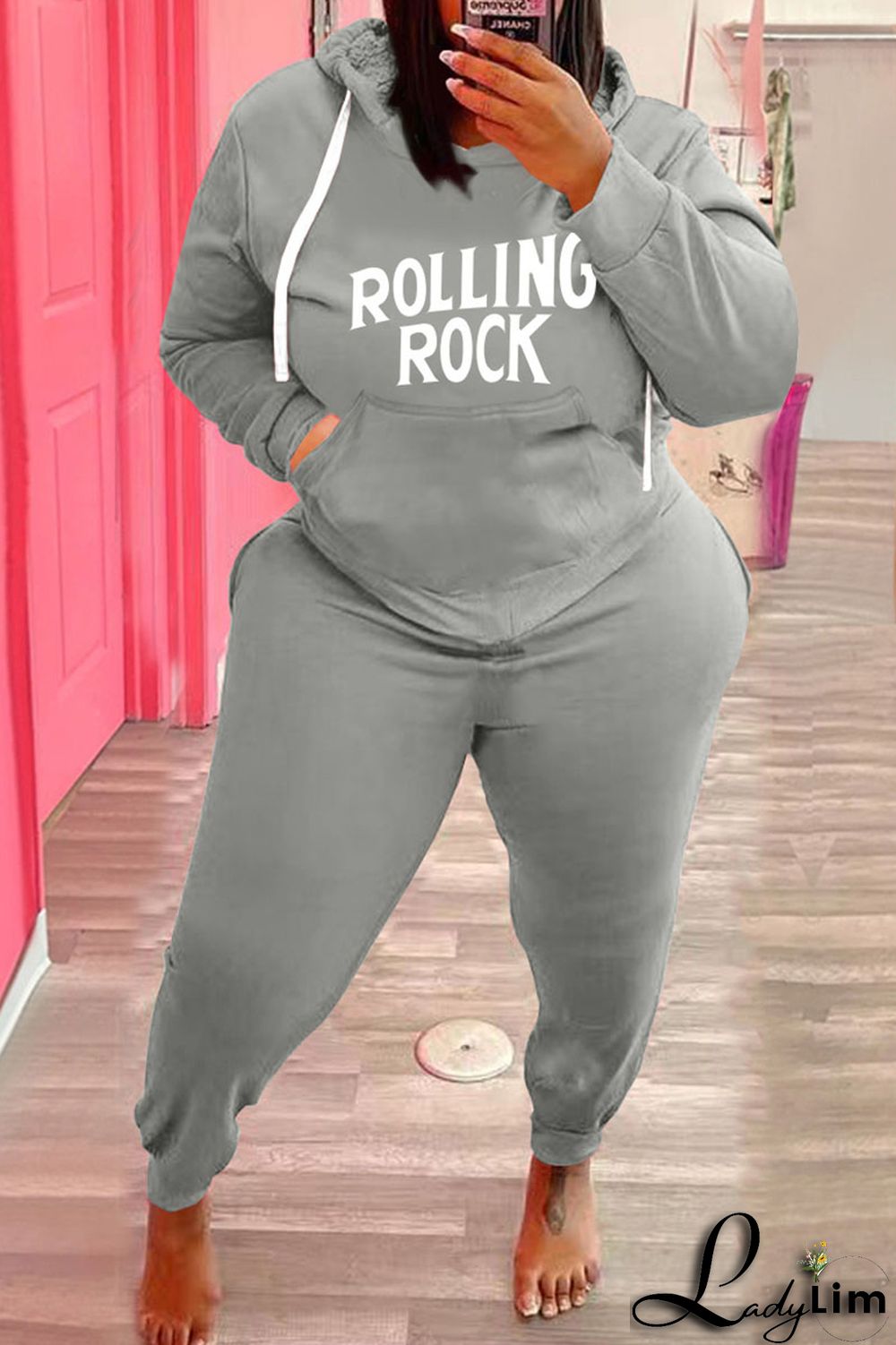 Army Green Fashion Casual Letter Print Basic Hooded Collar Plus Size Two Pieces