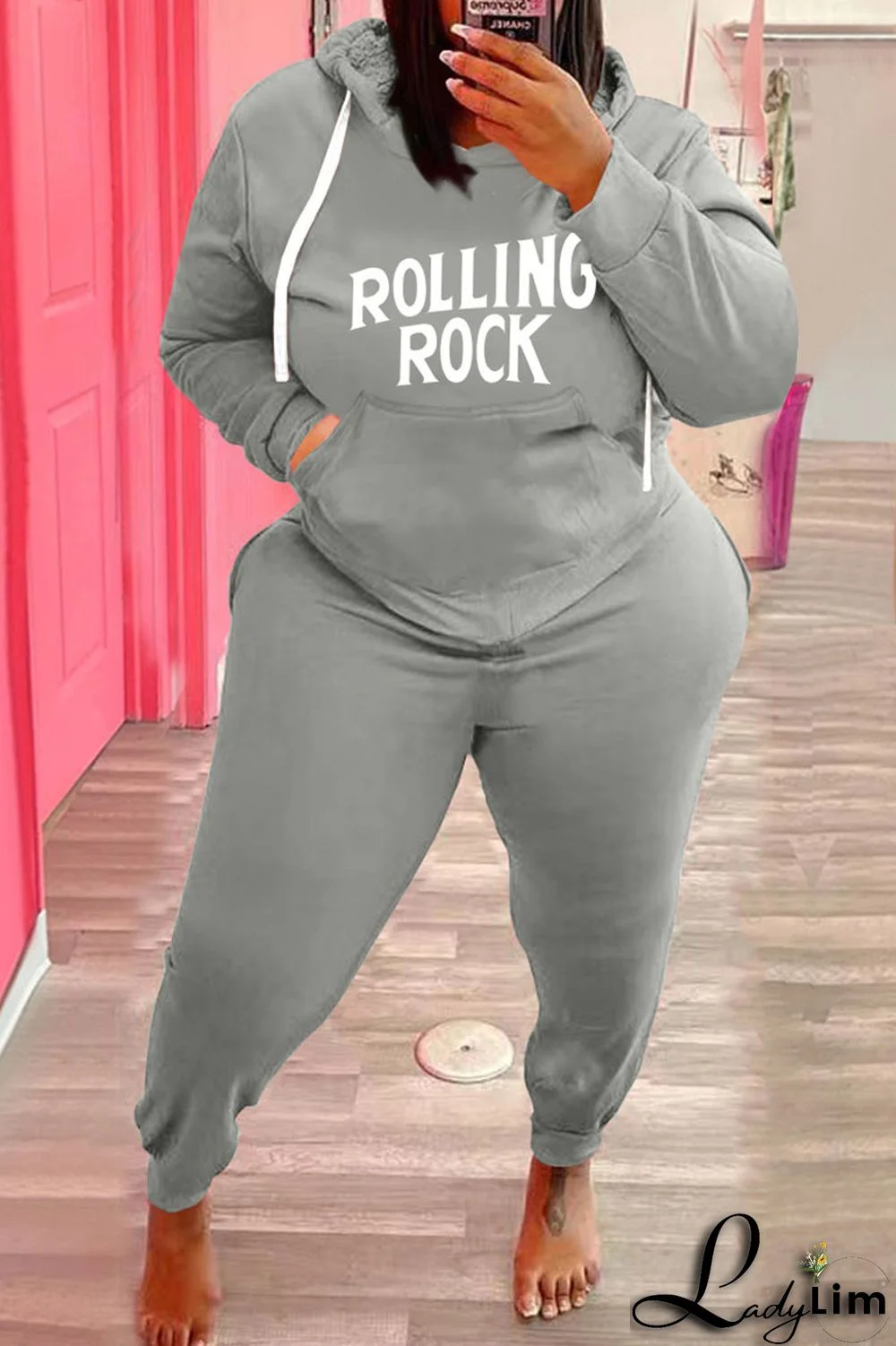 Army Green Fashion Casual Letter Print Basic Hooded Collar Plus Size Two Pieces