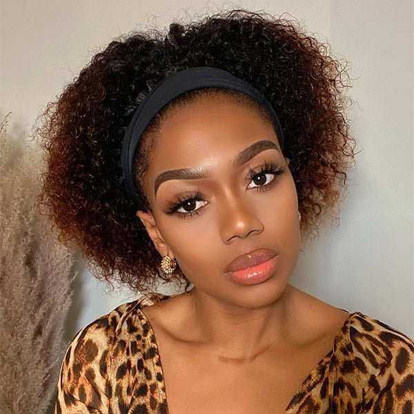 Brown Ombre Short Jerry Curl Headband Wig | Throw On & Go (Get Free Trendy Headbands) US Mall Lifes