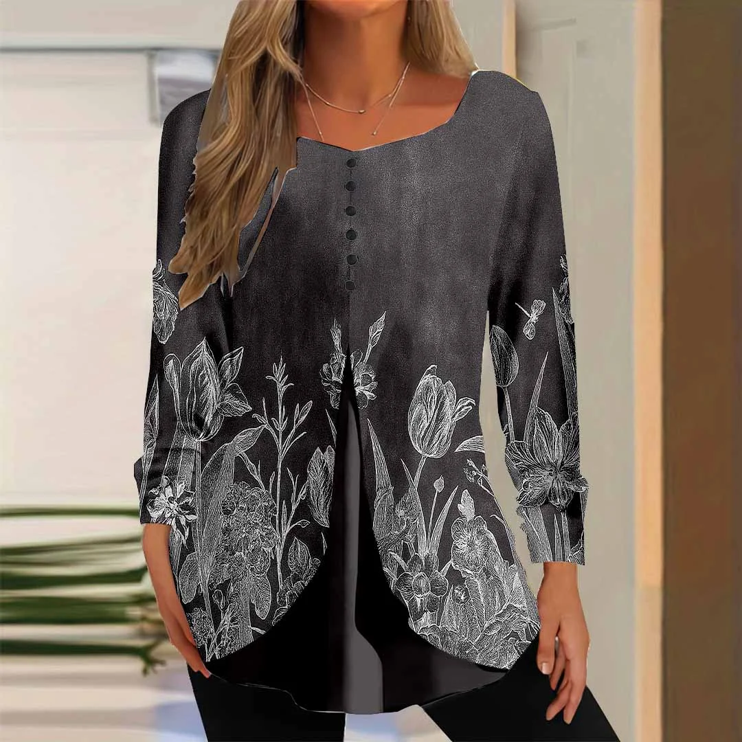 Women Floral,Black DZGG8371 Long Sleeve Scoop Neck Printed Graphic Button Fake 2in1 Tops