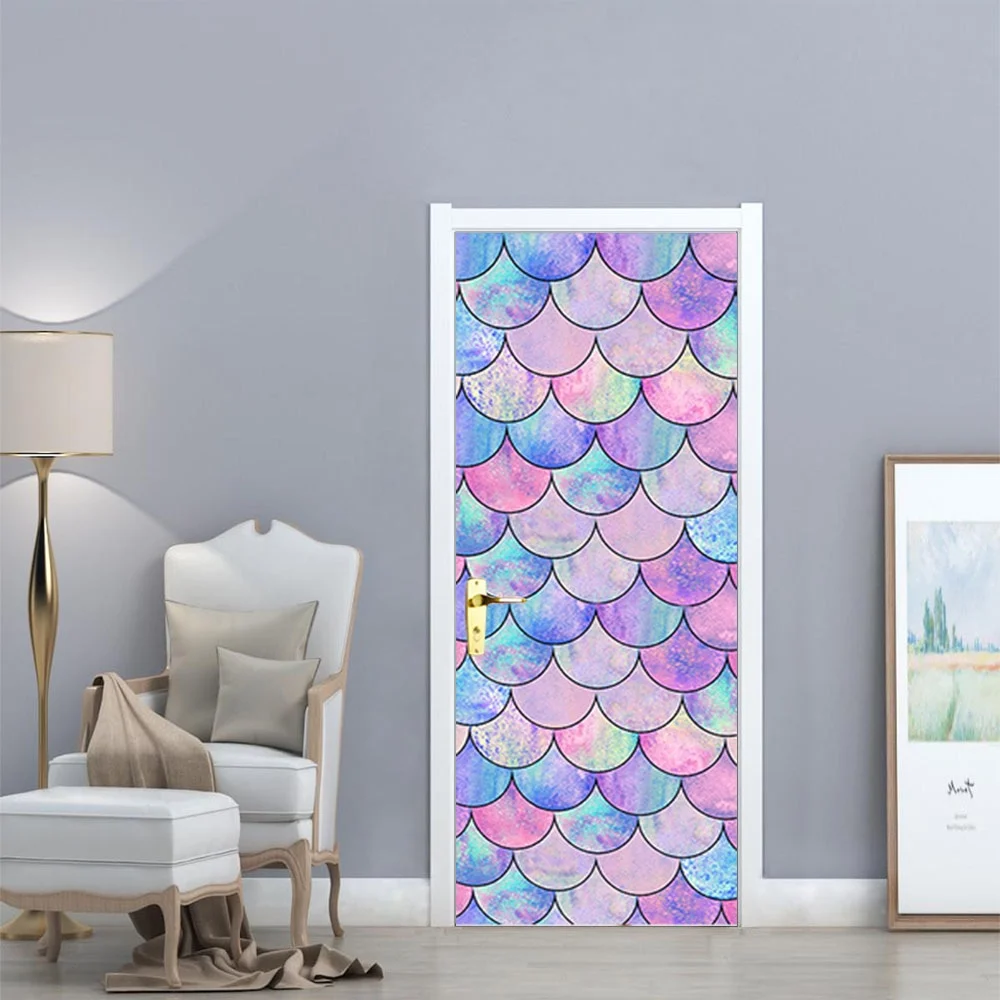 Athvotar 3D Mermaid Watercolor Scales Door Sticker Self Adhesive Wallpaper DIY Renovation Waterproof Poster Home Decor Decal