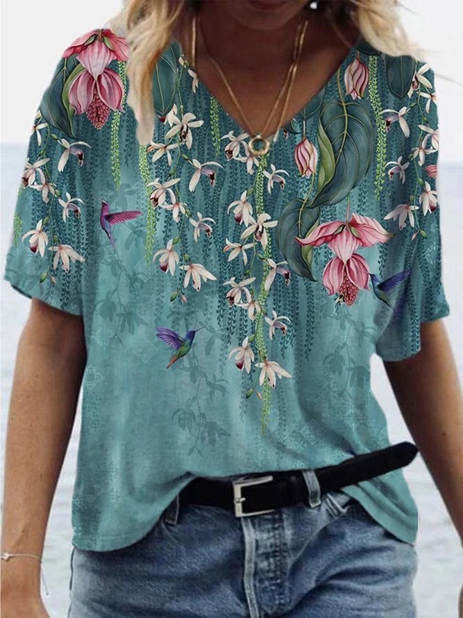 Colorful Flower Painting Casual Shift Short Sleeve Shirts & Tops