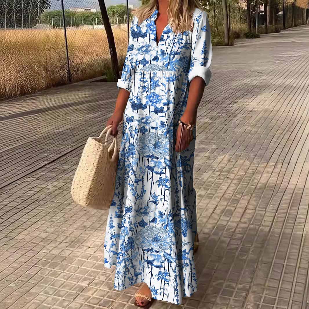 Women Floral,Blue DZDN0023 SPU Printed Long Sleeve V-neck Maxi Dress