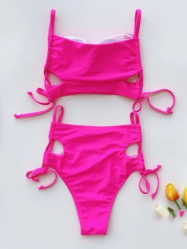 Solid Color Hollow Bandage Split Bikini Swimsuit