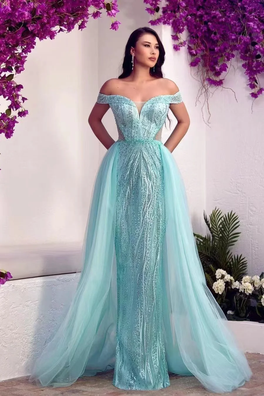Daisda Glamorous Off-The-Shoulder Sweetheart Tulle Prom Dress Overskirt With Sequins Beads